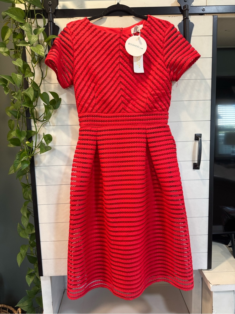 Boohoo Red Lace Fit & Flare Short Sleeve Dress